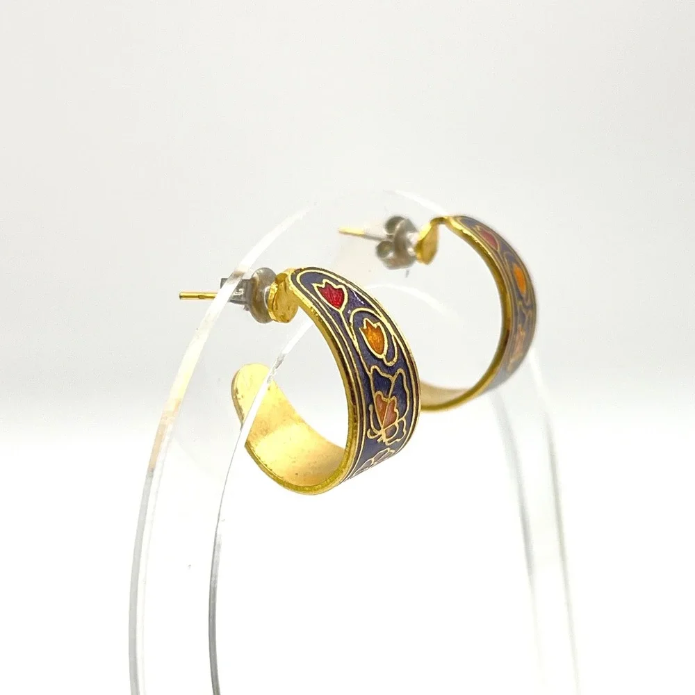 Vintage Cloisonne Enamel Floral Butterfly Hoop Earrings Gold Tone Navy Blue - Picture 7 of 8